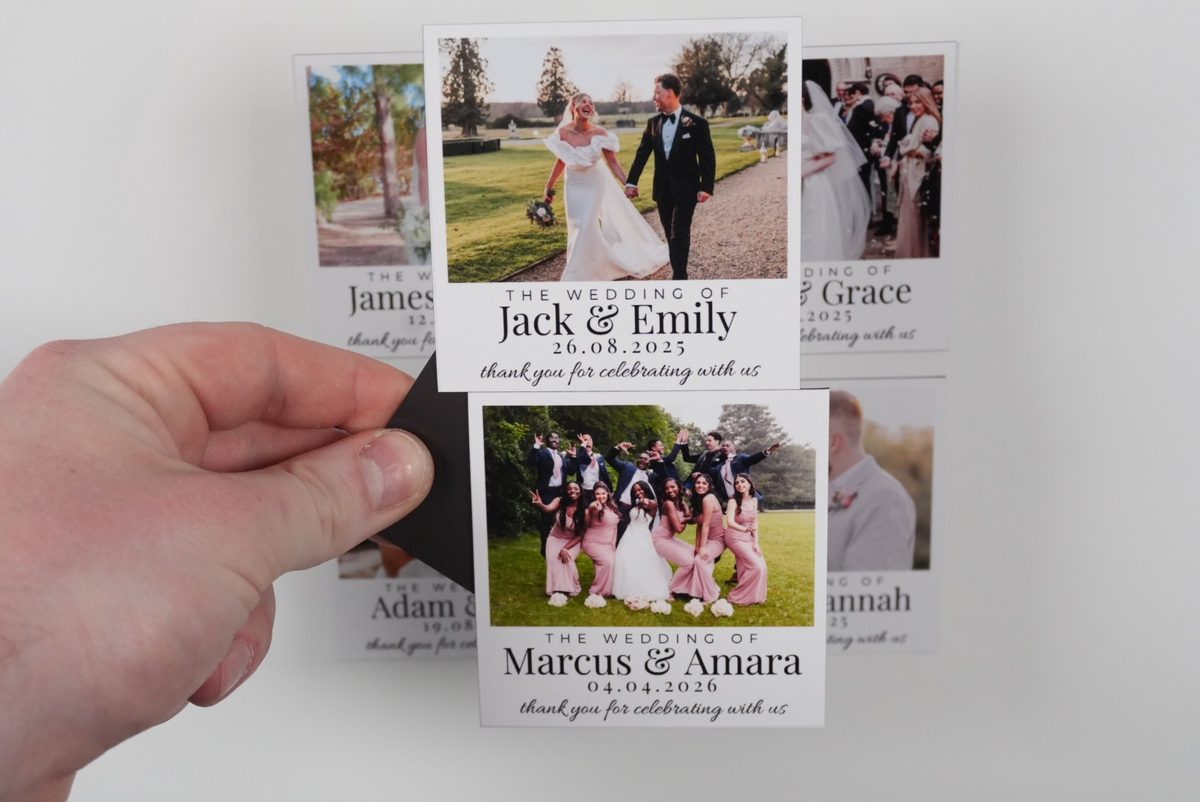Wedding favour magnets on a fridge